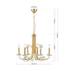 ORION Ariane lysekrone, gullfarget, Ø 67,5 cm, krystall, 5 lyskilder.| Lysekroner