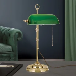 ORION Banklampe Harvard med trekkbryter, messing/grønn Discount