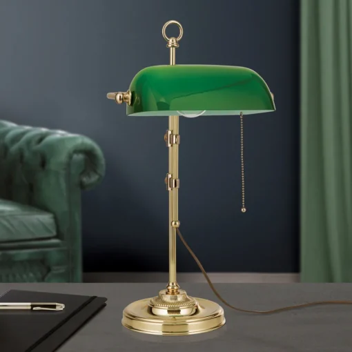 ORION Banklampe Harvard med trekkbryter, messing/grønn Discount