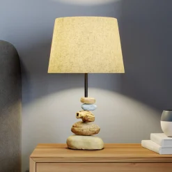 ONLI Bordlampe Vera, stoffskjerm og steindekor, 38 cm