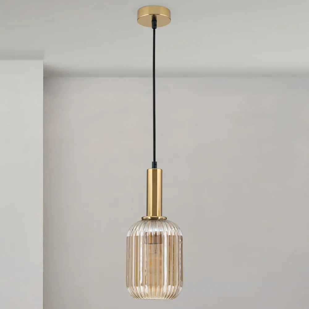 ORION Carneval pendellampe, antikk messing/amber, Ø 14 cm, glass| Pendellamper