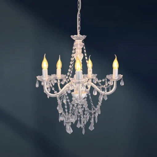 Näve Cecilia lysekrone, hvit, jern/akryl, Ø 52 cm, 5 lyskilder. Discount
