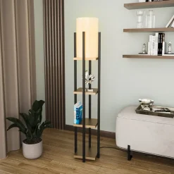 Opviq Gulvlampe 8115, svart/gull/hvit, metall/lerret, høyde 130 cm| Gulvlamper