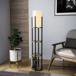 Opviq Gulvlampe 8115, svart/gull/hvit, metall/lerret, høyde 130 cm| Gulvlamper