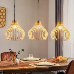 TEMAR LIGHTING Hengelampe Barrel med skjerm i tre, 3 lyskilder, lang Clearance