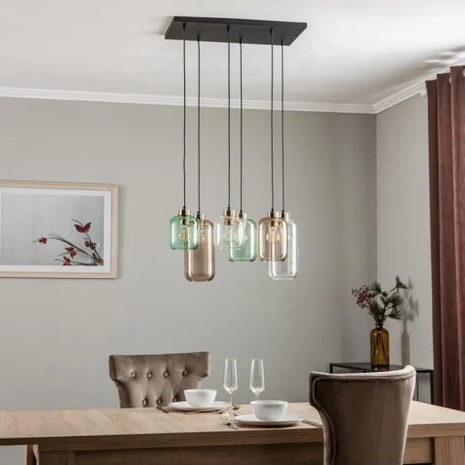 TK Lighting Hengelampe Marco Green, 6 lyskilder klar/grønn/brun| Pendellamper