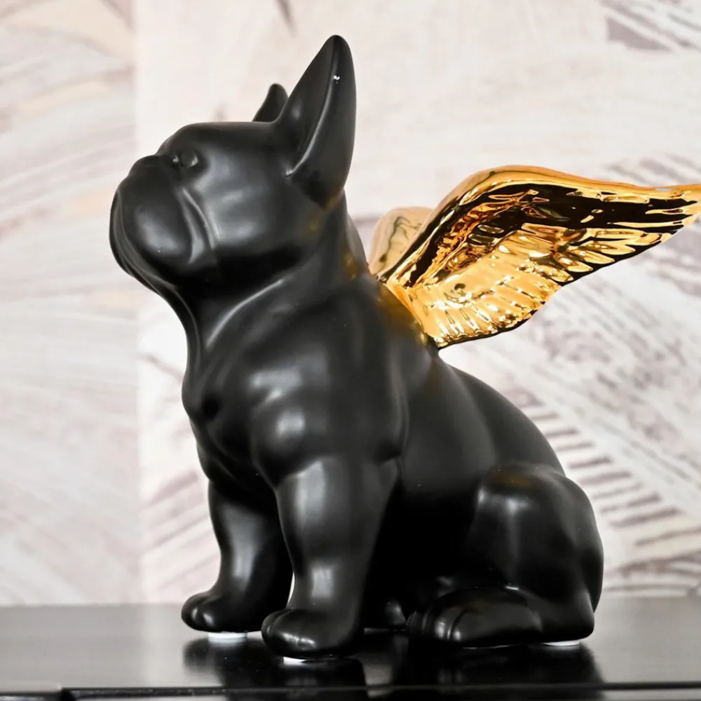 KARE dekorativ figur Sittende engelhund, svart/gull, steintøy Clearance