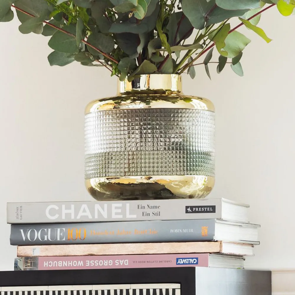 KARE Vase LA Noble, høyde 18 cm, glass, gull/klar, håndlaget