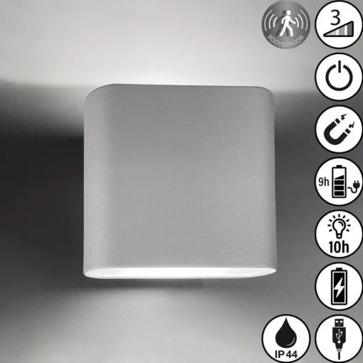 FH Lighting LED oppladbar vegglampe Magnetics, sølv, opp & ned, bredde 10 cm Online