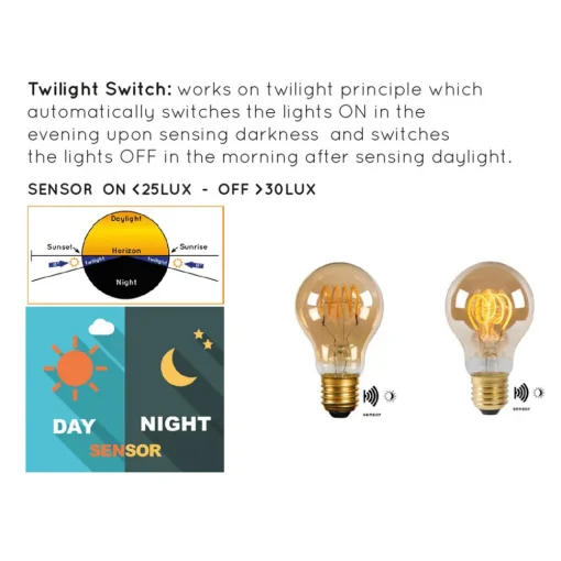 Lucide LED-pære E27 A60 4W 2 200K gul dag/natt-sensor Outlet