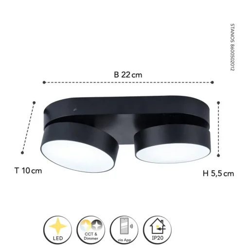 LUTEC LED-takspot Stanos, CCT, 2 lyskilder, svart| Smarthus Belysning