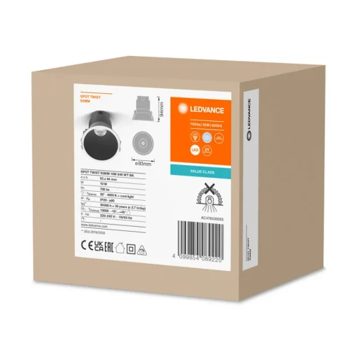 LEDVANCE Twist innfelt spot Ø9,3cm 840 hvit/svart Hot
