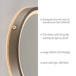 Paul Neuhaus LED-veggspeil VIDRO, bronse, Ø 26 cm, powerbank, bryter Hot