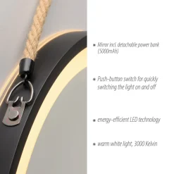 Paul Neuhaus LED-veggspeil VIDRO, svart, Ø 40 cm, powerbank, hengende Best