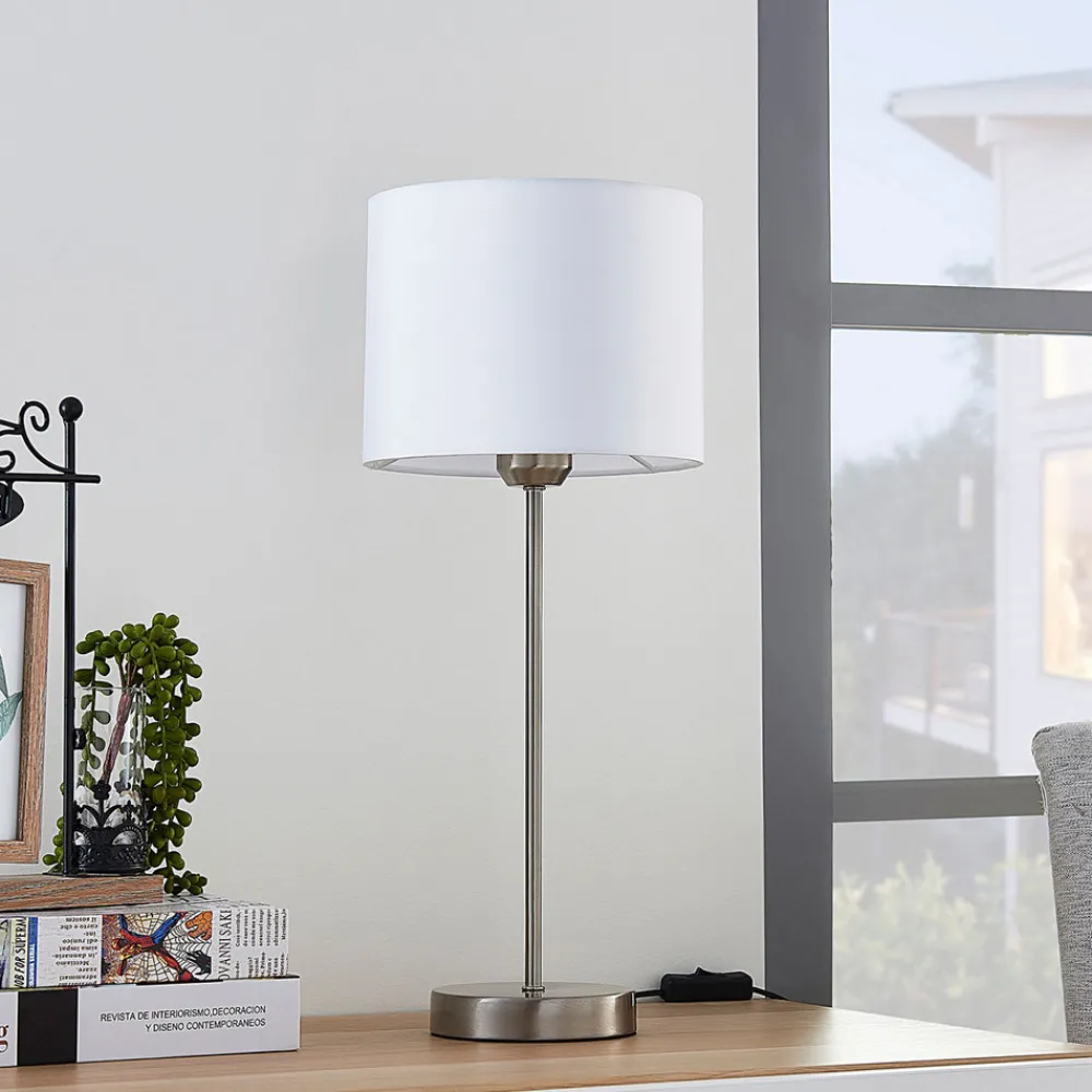 Lindby bordlampe Annatina, hvit, nikkel, høyde 48 cm, tekstil