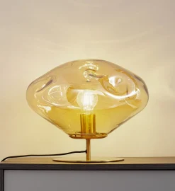 Lindby bordlampe Lelia, ravfarget, glass, metall, Ø 35 cm| Bordlamper