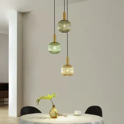 Lindby Doroteo hengelampe, 3 lyskilder, grønn/amber/grå, glass| Pendellamper