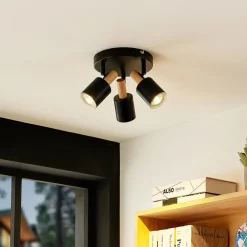 Lindby downlight Junes, 3 lyskilder, Ø 30 cm, svart, tre New
