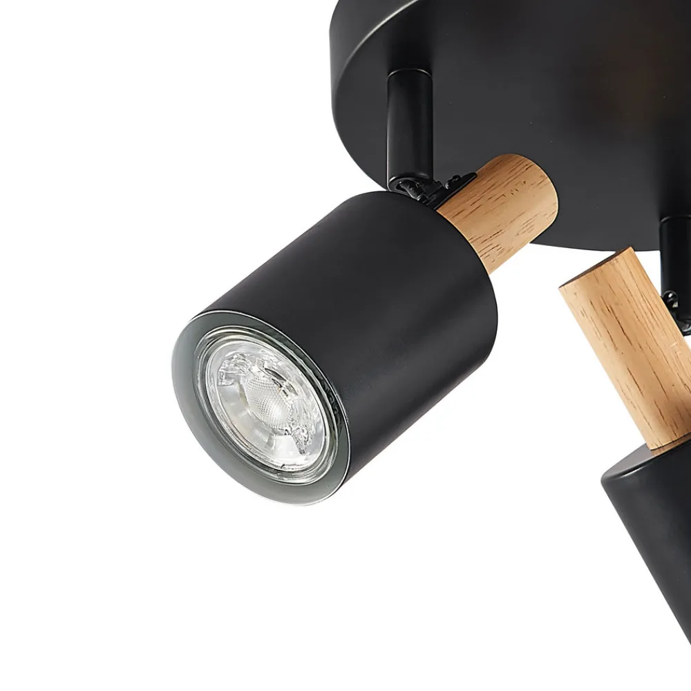 Lindby downlight Junes, 3 lyskilder, Ø 30 cm, svart, tre New