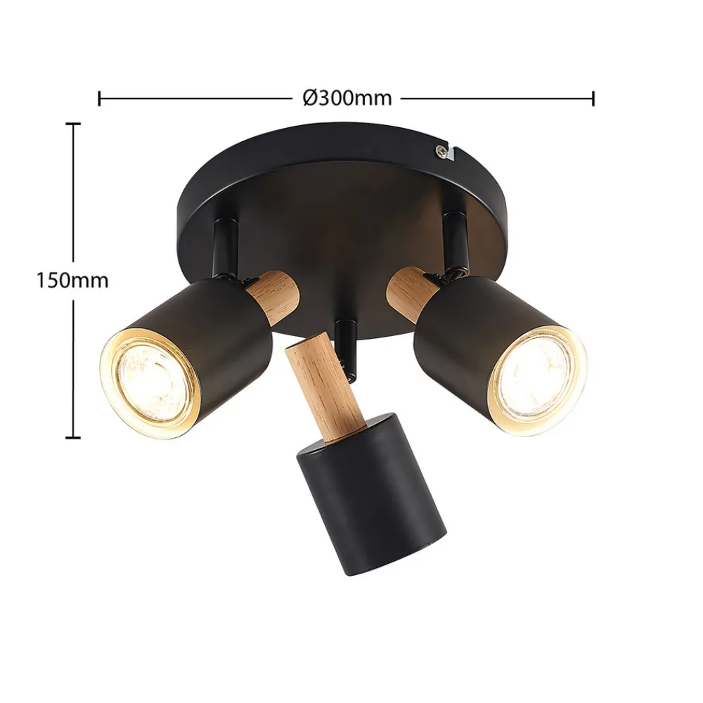 Lindby downlight Junes, 3 lyskilder, Ø 30 cm, svart, tre New