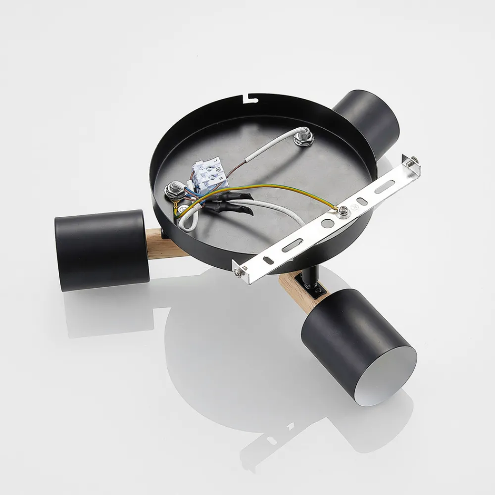 Lindby downlight Junes, 3 lyskilder, Ø 30 cm, svart, tre New