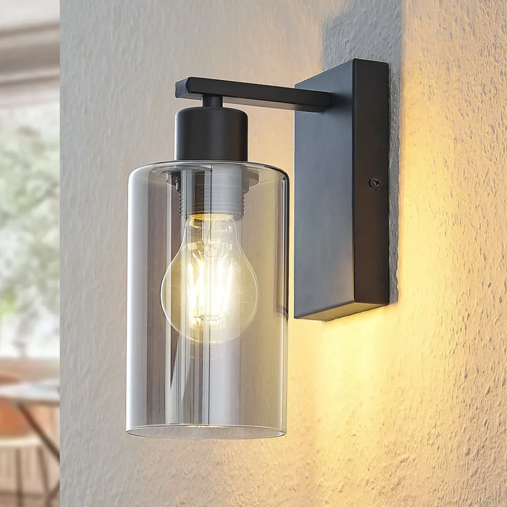 Lindby Emavi vegglampe, svart/røykgrå, glass, E27| Vegglamper