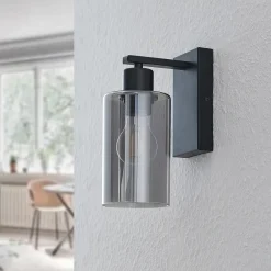 Lindby Emavi vegglampe, svart/røykgrå, glass, E27| Vegglamper