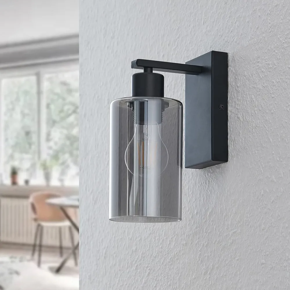 Lindby Emavi vegglampe, svart/røykgrå, glass, E27| Vegglamper
