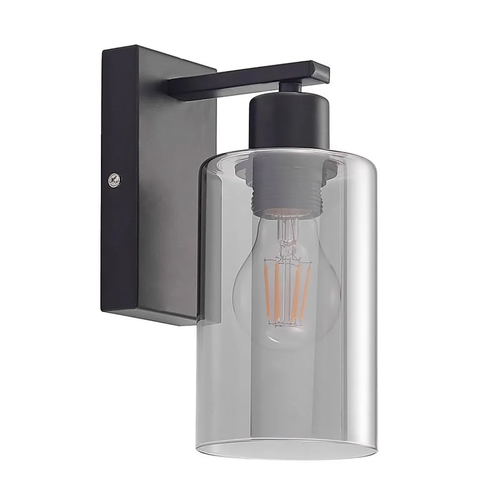 Lindby Emavi vegglampe, svart/røykgrå, glass, E27| Vegglamper
