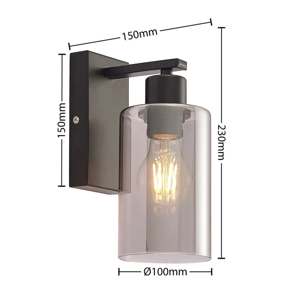 Lindby Emavi vegglampe, svart/røykgrå, glass, E27| Vegglamper