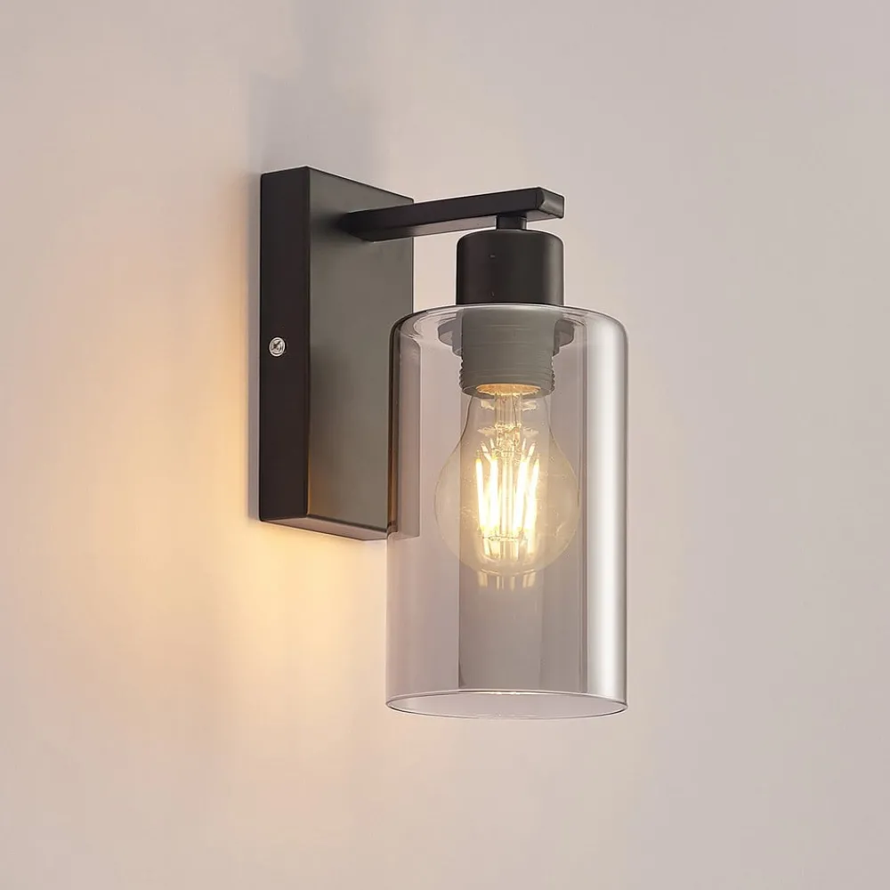 Lindby Emavi vegglampe, svart/røykgrå, glass, E27| Vegglamper