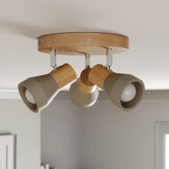 Lindby Filiz spotlight, 3 lyskilder, Ø 20 cm, tre, betong, E14 Outlet