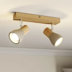 Lindby Filiz spotlight, 2 lyskilder, 27 cm, tre, betong, E14| Spotter I Tak|Taklamper