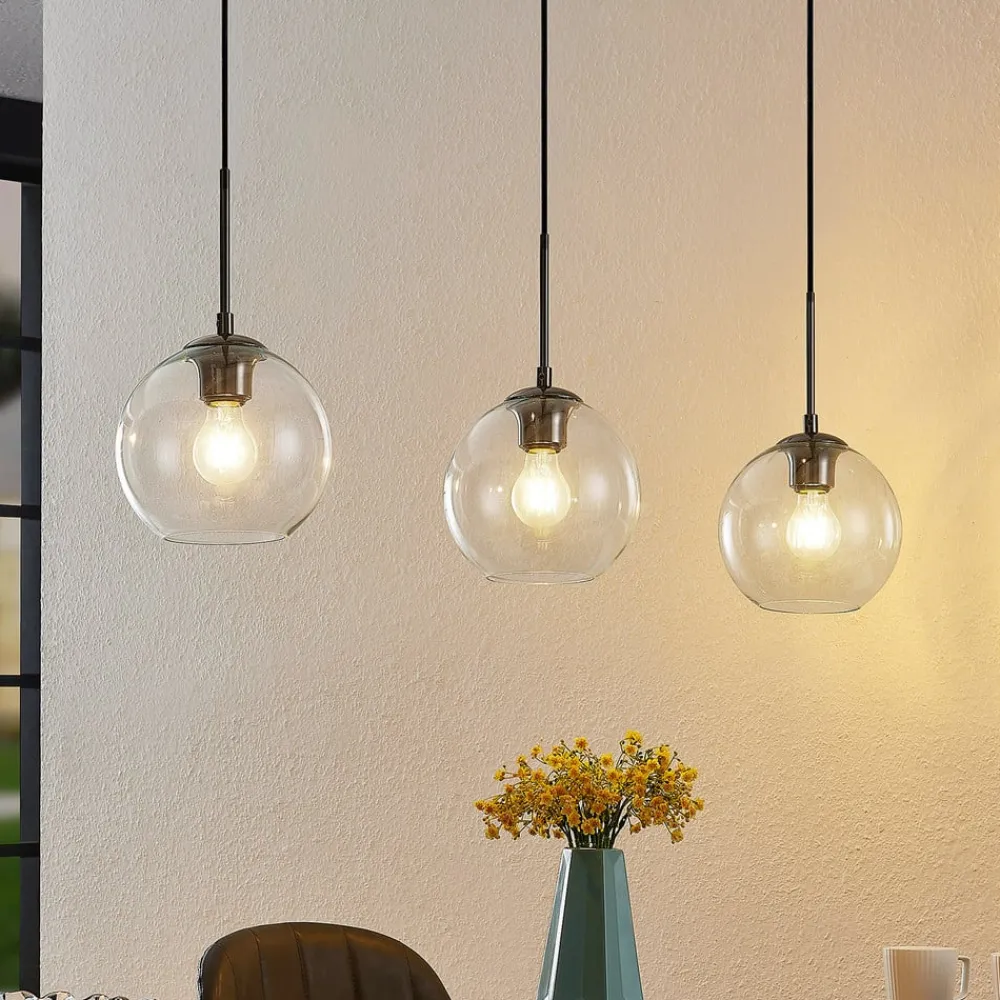 Lindby Firano hengelampe, 110 cm, 3 lyskilder, antrasitt, glass| Pendellamper