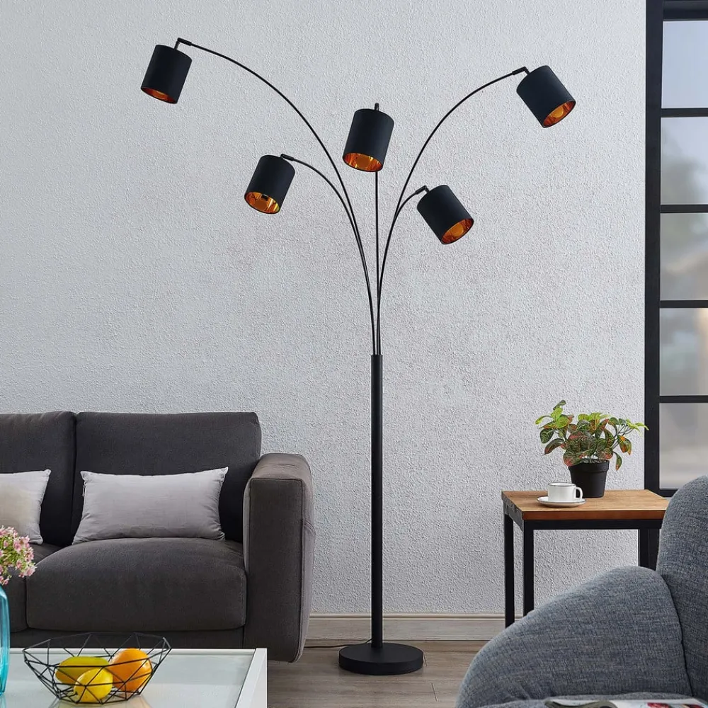 Lindby gulvlampe Abiram, svart/gull, tekstil, 70 cm| Led-Innendørs