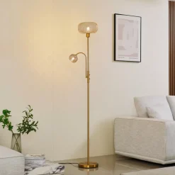 Lindby gulvlampe Aliette, gull/amber, glass, leselampe| Gulvlamper