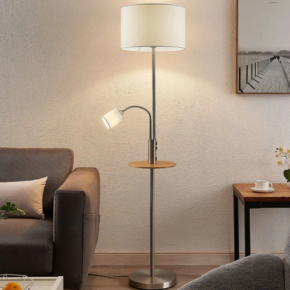 Lindby Gulvlampe Aovan, nikkelfarget, hyller, USB-port| Gulvlamper