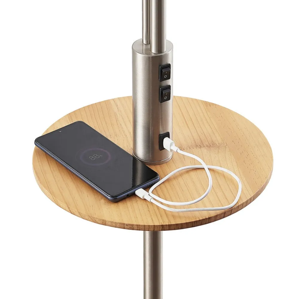 Lindby Gulvlampe Aovan, nikkelfarget, hyller, USB-port| Gulvlamper