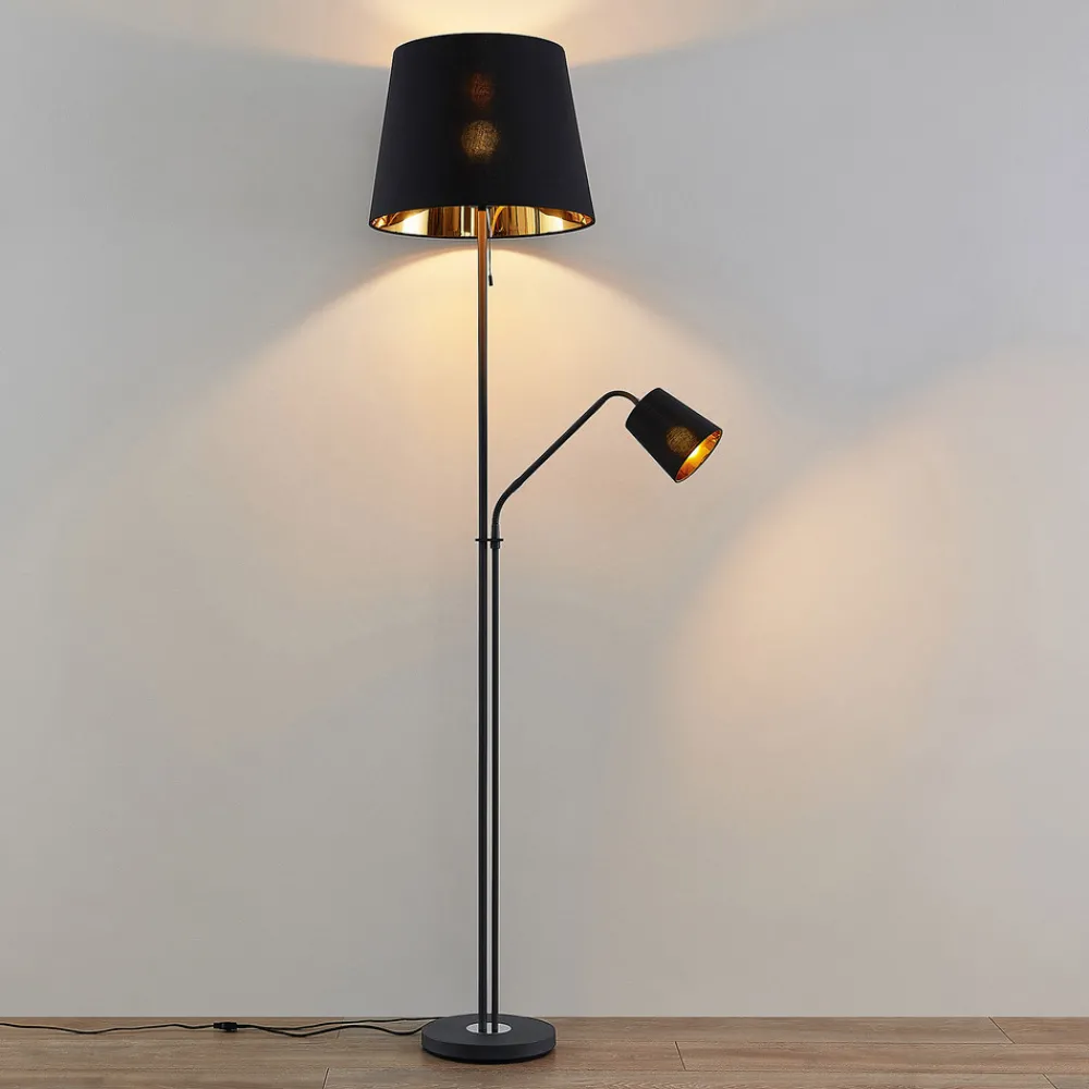 Lindby gulvlampe Efalia, svart/gull, tekstil, leselampe New