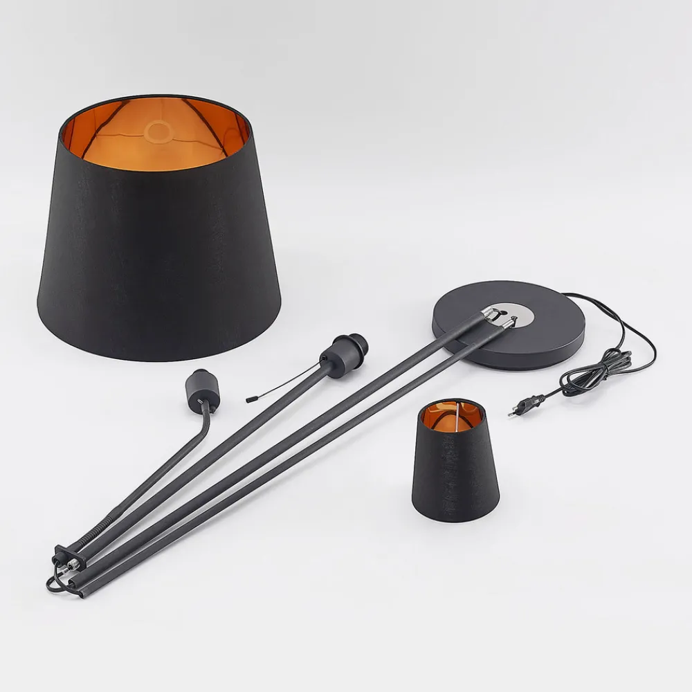 Lindby gulvlampe Efalia, svart/gull, tekstil, leselampe New