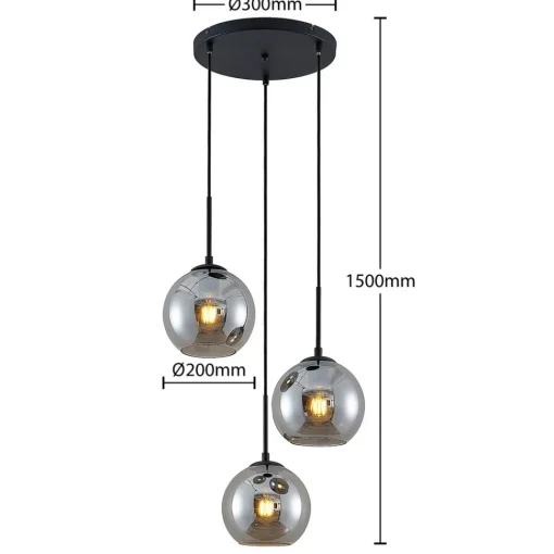 Lindby hengelampe Jurian, 32 cm, 3 lyskilder, svart/røyk, glass Best
