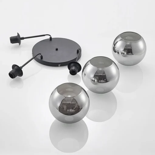 Lindby hengelampe Jurian, 32 cm, 3 lyskilder, svart/røyk, glass Best