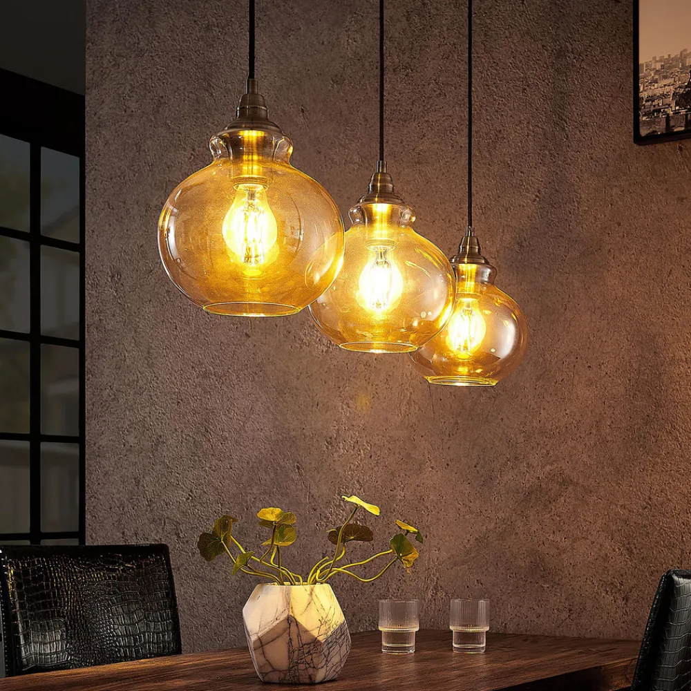 Lindby pendellampe Tymoni, 3 lyskilder, rav, glass, Ø 20 cm Online