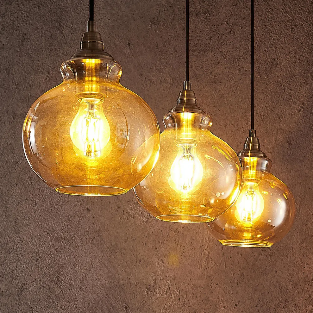 Lindby pendellampe Tymoni, 3 lyskilder, rav, glass, Ø 20 cm Online