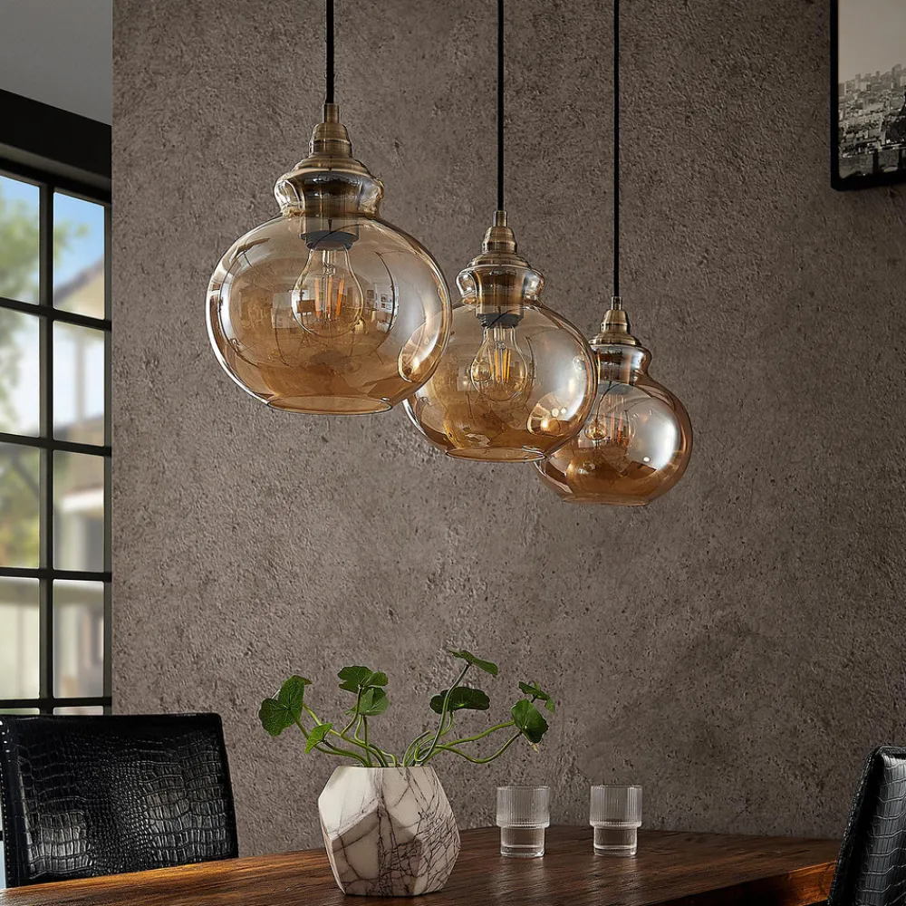 Lindby pendellampe Tymoni, 3 lyskilder, rav, glass, Ø 20 cm Online