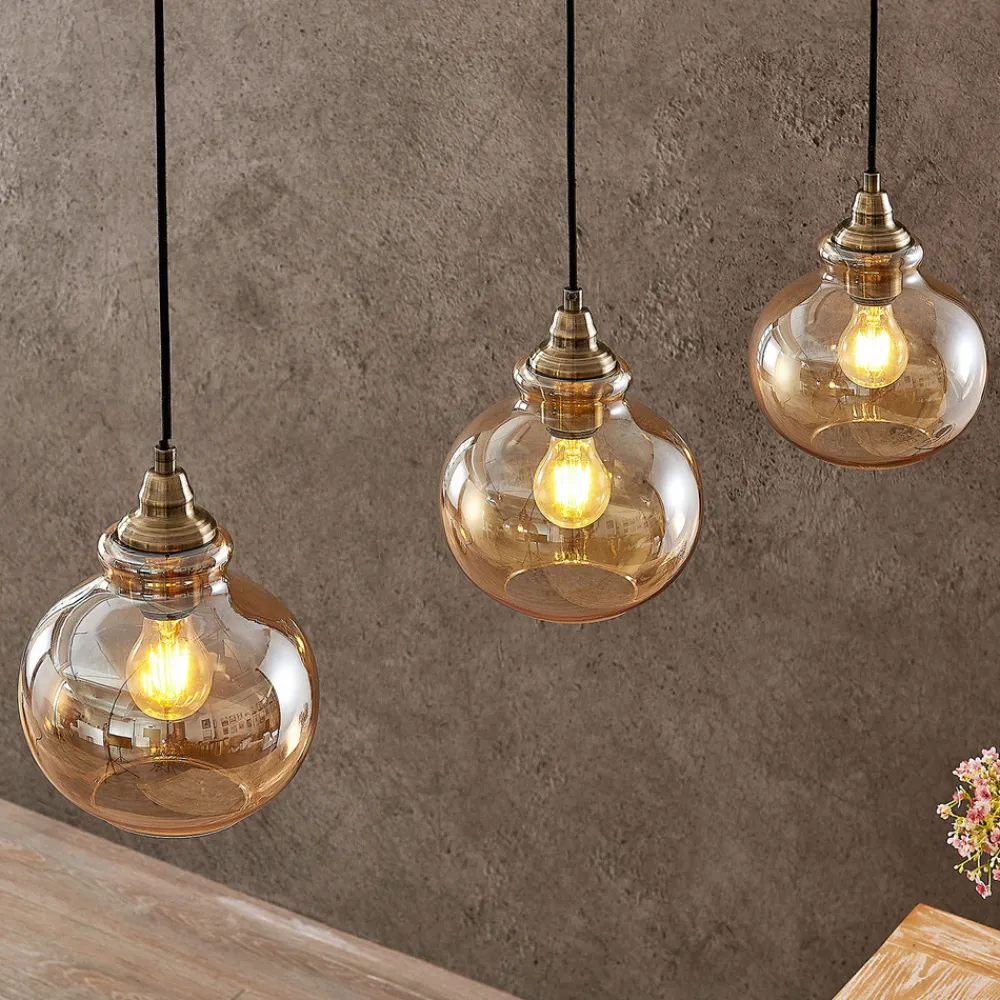 Lindby pendellampe Tymoni, 3 lyskilder, rav, glass, Ø 20 cm Online