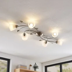 Lindby taklampe Yannie, 6 lyskilder, 106 cm, nikkel/hvit, glass| Design- Og Hotellbelysning|Taklamper