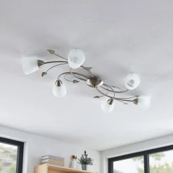 Lindby taklampe Yannie, 6 lyskilder, 106 cm, nikkel/hvit, glass| Design- Og Hotellbelysning|Taklamper