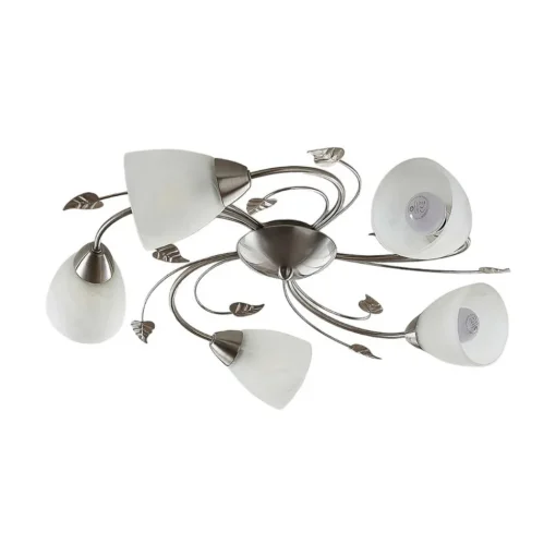 Lindby taklampe Yannie, 5 lyskilder, 60 cm, nikkel/hvit, glass Outlet