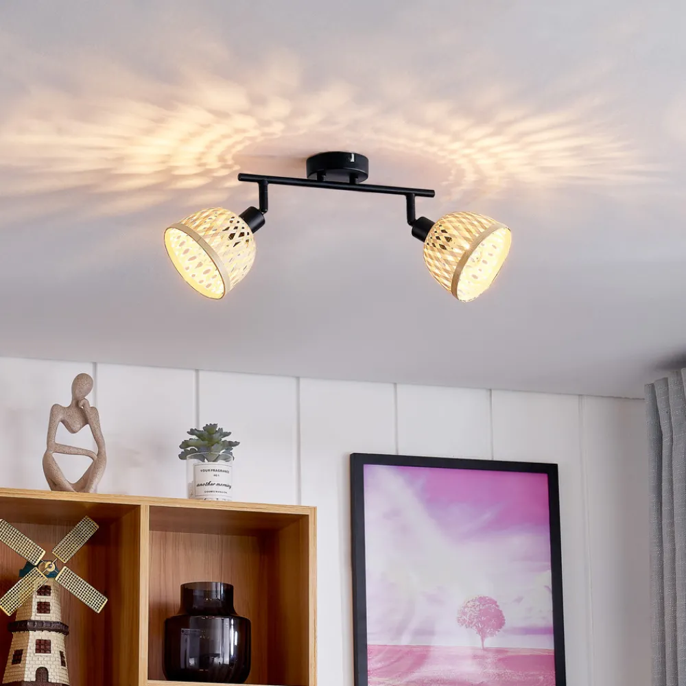 Lindby takspotlight Youstin, 30 cm lang, bambus, 2-lys, E14 Hot